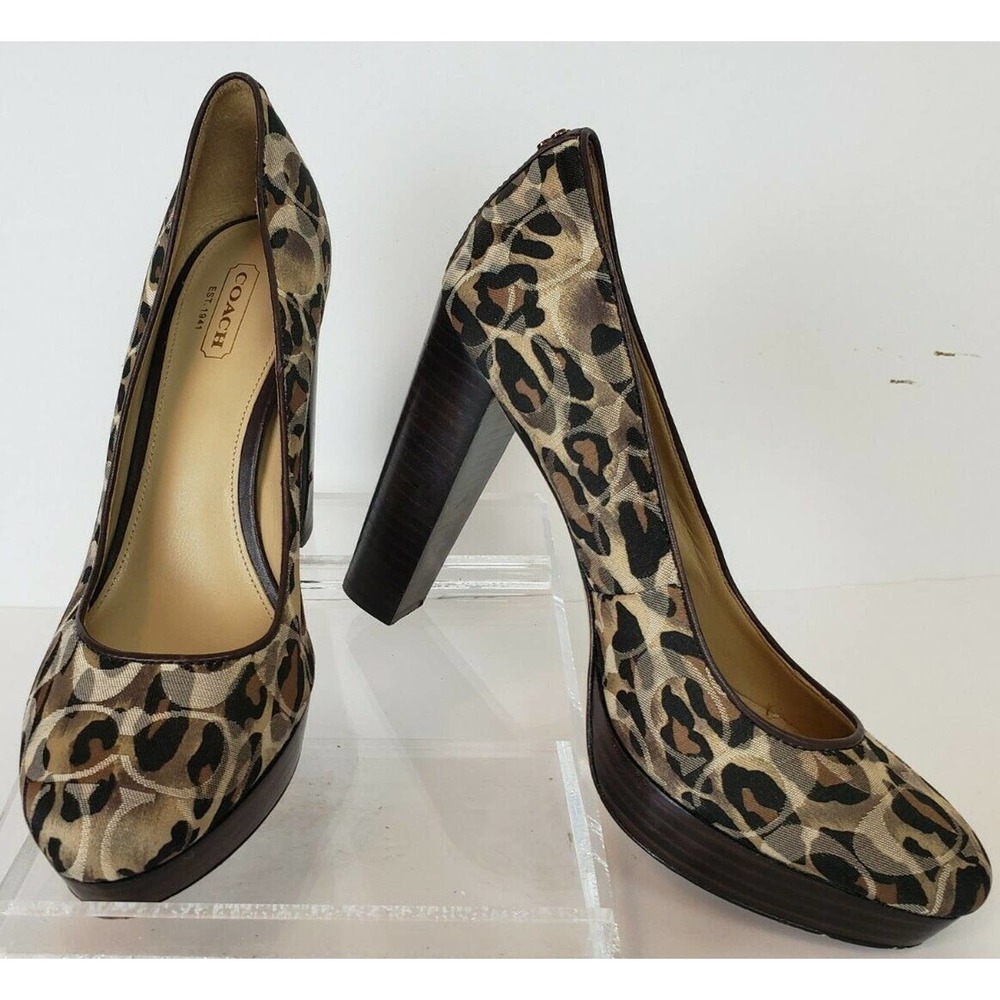 COACH Pumps Shoes Gold Brown 7.5B Canvas Classics Cheetah Block High Heel